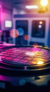 Closeup of a semiconductor wafer with colorful lighting photo