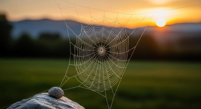 Spiderweb covered in dew droplets at sunrise with mountains in background photo