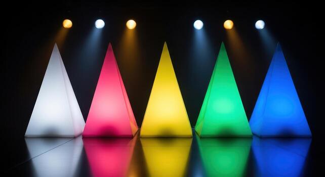 Row of colorful illuminated cones on a dark background photo
