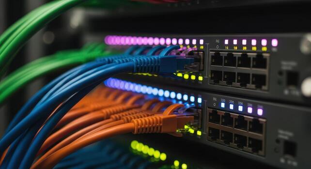 Closeup of network cables plugged into a server switch photo