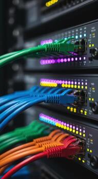 Closeup of colorful network cables plugged into server rack photo