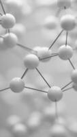 astratto 3d interpretazione di molecolare struttura. bianca lucido sfere collegato di canne, simboleggiante atomi e obbligazioni nel un' scientifico o tecnologico concetto. pulire, futuristico sfondo. video