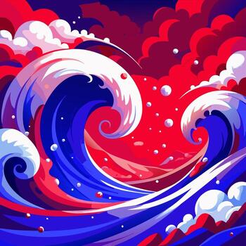 vívido azul y rojo Oceano olas con intrincado detalles y arremolinándose patrones vector