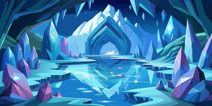 Enchanting ice cavern with crystal formations and a glowing light source vector