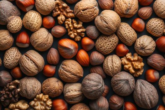Nutty background of walnuts, hazelnuts, almonds, hazelnuts, hazel photo