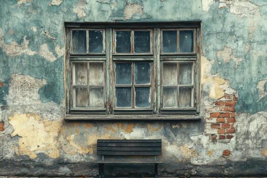 A bench sitting in front of a window with a broken window photo