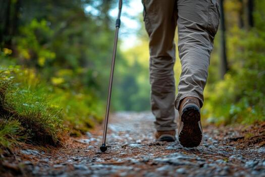 A person walking on a trail with a cane photo