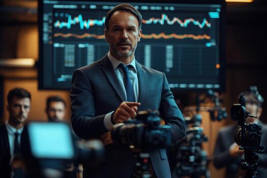 un hombre en un traje y Corbata en pie en frente de un cámara foto