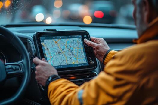 A man is using a tablet while driving photo