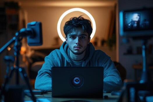 A man sitting at a desk with a laptop and camera photo