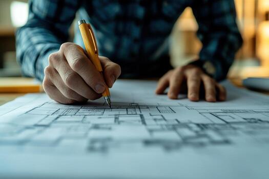 A person is drawing on a blueprint with a pencil photo