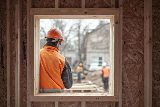 A man in an orange vest looking out a window photo