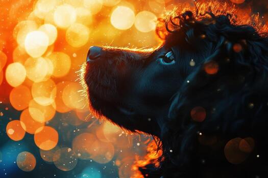 A dog looking up at the sun in front of bokeh lights photo