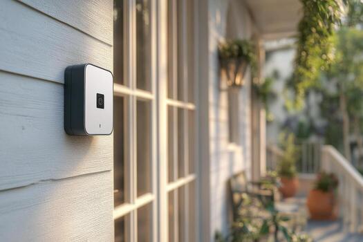 A smart home device is mounted on the side of a house photo