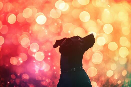 A dog is standing in front of a colorful background photo