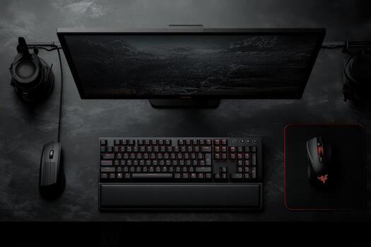 A black desk with a computer, mouse and keyboard photo