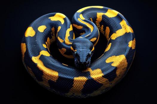 A yellow and black snake is curled up in a heart shape photo