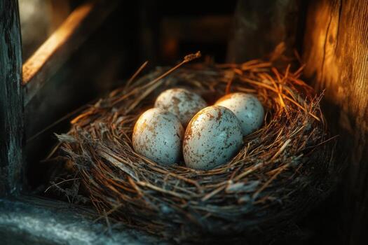 Three eggs in a nest on a wooden floor photo