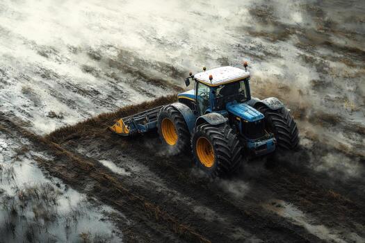 A tractor plowing a field in the rain photo