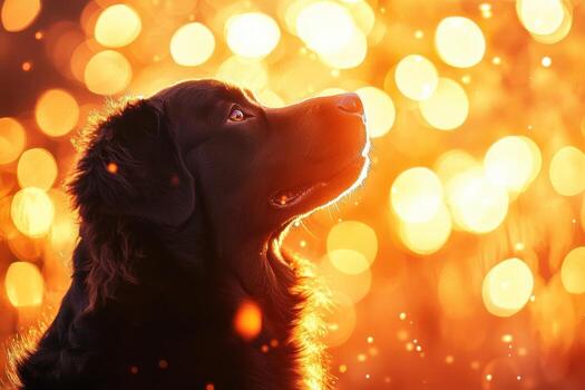 A dog is looking up at the sun in front of a bokeh background photo