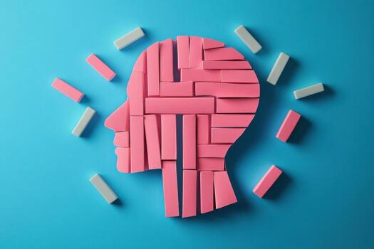 A pink head with a brain made out of blocks photo