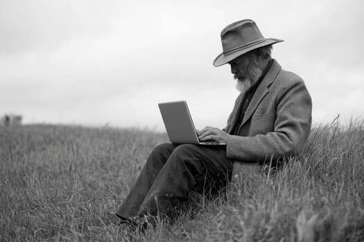 An old man in a hat and hat sitting in a field using a laptop photo