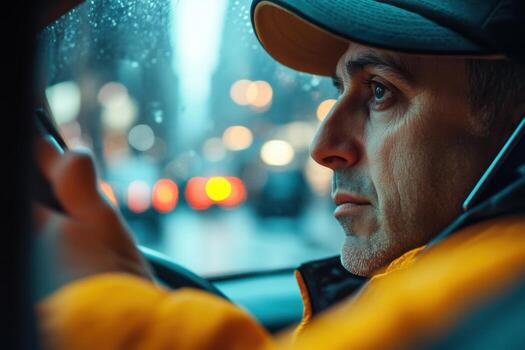 A man in a yellow jacket and cap is driving a car photo