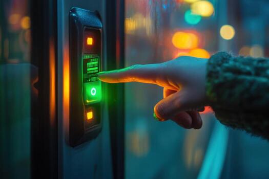A person touching a button on a train photo