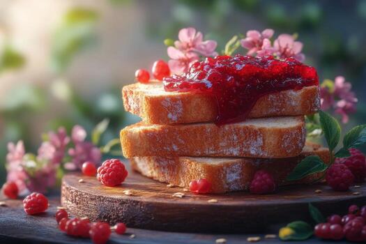 A slice of bread with raspberry jam on top photo