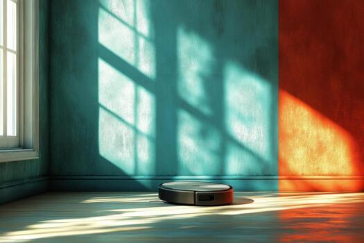 A robot vacuum cleaner sitting on the floor in an empty room photo