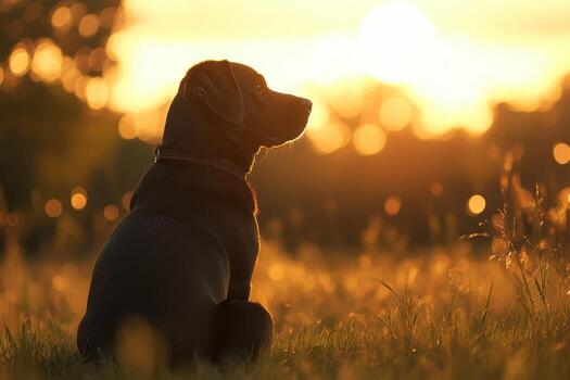 A dog sitting in a field at sunset photo