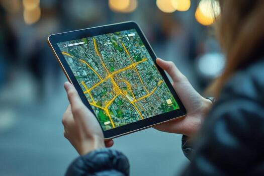 A woman holding a tablet computer with a map of a city on it photo