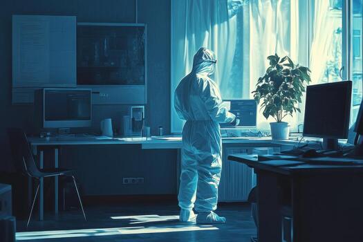 A person in a hazmat suit standing in front of a computer photo