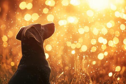 A dog sitting in a field with a bright light photo