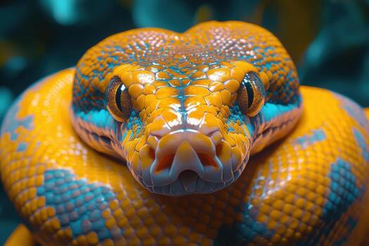 A close up of a snake with blue and orange colors photo