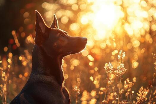 A dog is sitting in a field with the sun shining photo