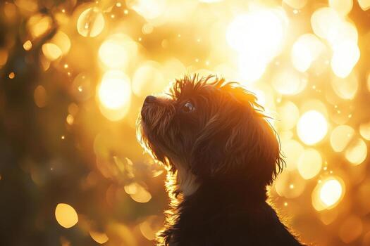 A dog is looking up at the sun in the background photo