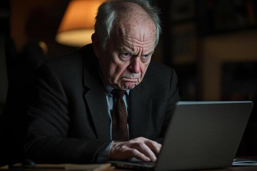 An older man in a suit and tie using a laptop photo