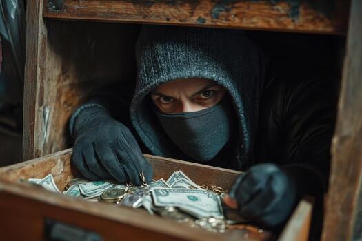 A man in a hoodie and gloves hiding in a drawer with money photo