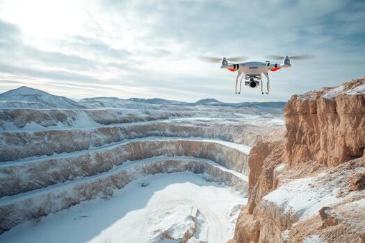 A drone flying over a large pit with snow photo