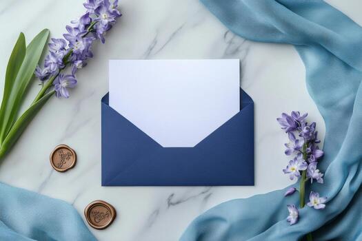 An open envelope with a blue ribbon and flowers photo