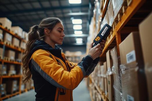 A woman in a warehouse using a handheld scanner photo