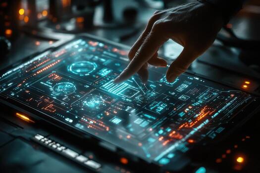 A person is touching a tablet with a futuristic design photo