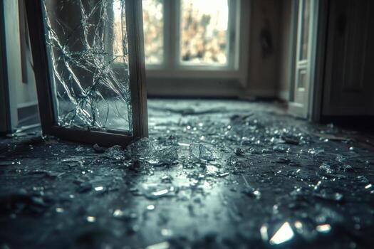 A broken window in an empty room with shattered glass photo