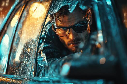 A man in glasses and a jacket is looking out the window of a car photo