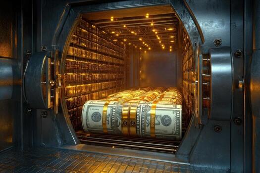 A large vault door with stacks of money inside photo