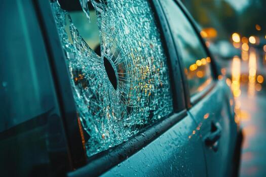 A broken window on a car with a bullet hole photo