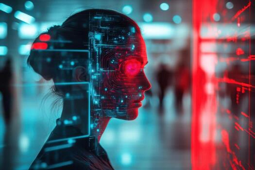 A woman with a red light on her face and a digital image of a man photo