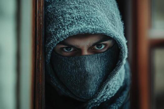 A man in a hoodie peeking out from behind a window photo