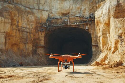 A drone is flying in front of a tunnel photo